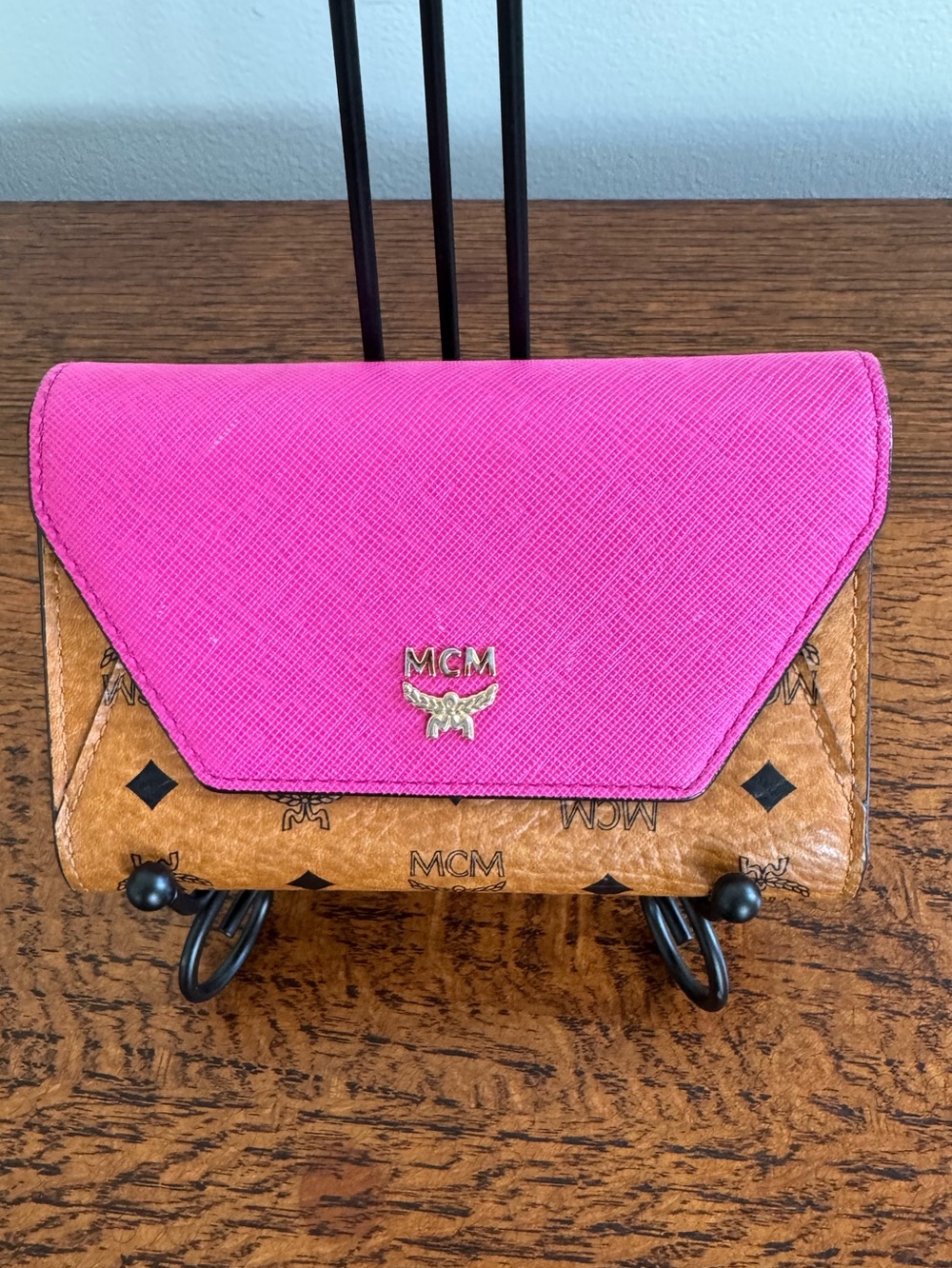 MCM Visetos Pink Flap Cognac Monogram Wallet